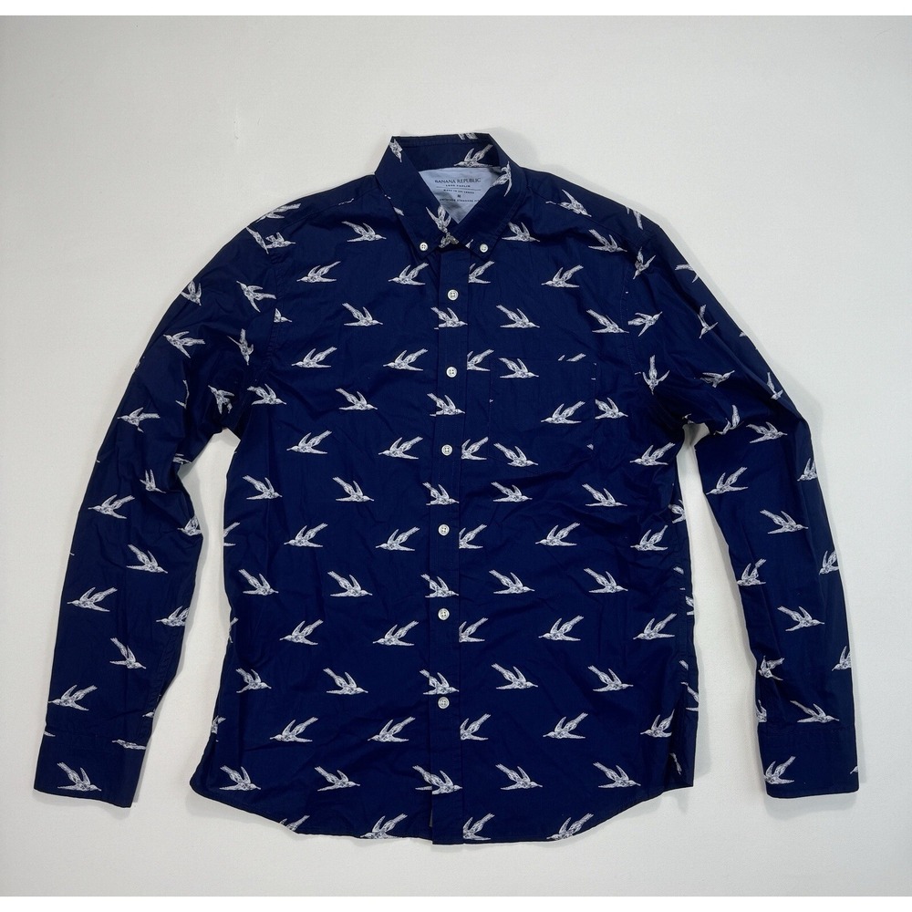 Banana Republic Luxe Poplin Untucked Standard Fit Mens Medium Navy Bird Print
